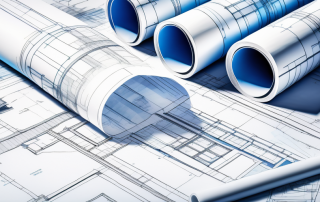 Architektonische Bauplaene und Planungsdokumente auf einem Tisch, Detailgenauigkeit eines Bauprojekts hervorhebend.