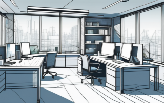 Gut organisierte Arbeitsumgebung mit Architekturplaenen, Modellgebaeuden und Werkzeugen fuer strategische Planung und Baumanagement in der Stadtplanung.