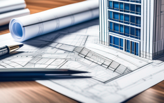 Architektonische Bauplaene und Baugenehmigungsdokumente auf einem Tisch mit Hausmodell und Stadtansicht im Hintergrund für städtische Entwicklung.