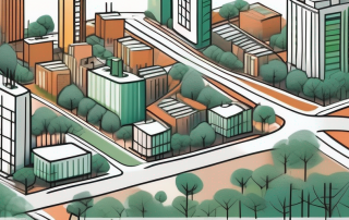 A cityscape with various zones marked in different colors