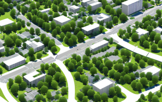 Ueberblick stadtplan mit zonen, gruenflaechen und infrastruktur, effiziente und durchdachte planung.
