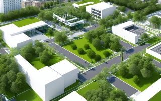 geplantes staedtisches layout mit zonenbereichen, gruenzonen, infrastruktur und modernen architektonischen designs
