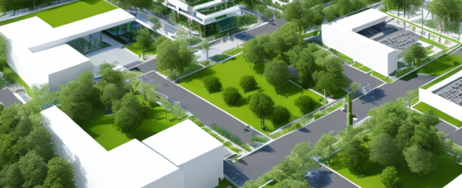 geplantes staedtisches layout mit zonenbereichen, gruenzonen, infrastruktur und modernen architektonischen designs
