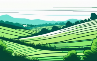 Weites, gruenes Feld unter klarem blauem Himmel, perfekt fuer zukuenftige Bebauung, umgeben von jungen Baeumen und entfernten Huegeln.