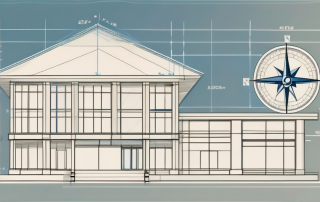 A blueprint of a building with a ruler and compass