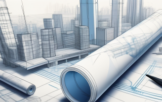 Various architectural blueprints and construction tools scattered on a table