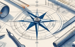 A blueprint of a building with a compass and ruler