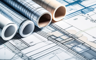 Architektonische Bauplaene mit transparentem Papier, Stift und Lineal, Bauvorhaben sorgfaeltig geplant, Stempel und Formulare fuer Baugenehmigungen.