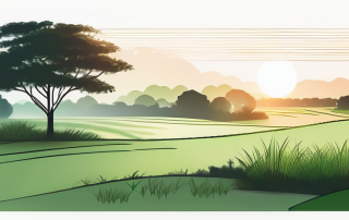 Unentwickeltes Grundstueck bei Sonnenaufgang, fruchtbare Landschaft und Symbolik neuer Anfaenge in der Immobilienentwicklung.