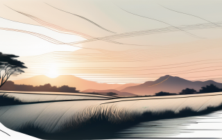 Entwicklungsmoegliches, unberuehrtes Grundstueck bei Sonnenaufgang mit sanften Wellen und klarem Horizont, umgeben von duenner Vegetation. Ideal um die Moeglichkeiten und ruhige Umgebung fuer Grundstueckskaeufe zu zeigen.