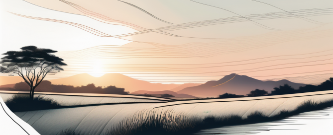 Entwicklungsmoegliches, unberuehrtes Grundstueck bei Sonnenaufgang mit sanften Wellen und klarem Horizont, umgeben von duenner Vegetation. Ideal um die Moeglichkeiten und ruhige Umgebung fuer Grundstueckskaeufe zu zeigen.