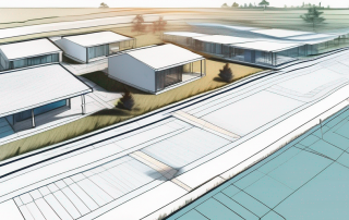 Luftaufnahme eines unerschlossenen, farbenfrohen Grundstuecks mit Grenzlinien und Nahaufnahme von detaillierten Architekturplaenen.