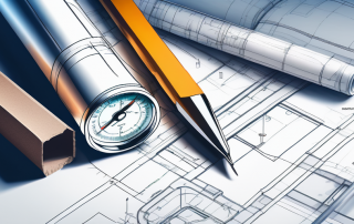 Architektonische Bauplaene mit Lineal und Zirkel sowie Skizzen und Notizen fuer einen Bauantrag
