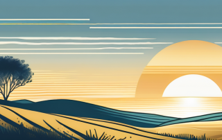 Idyllisches, unerschlossenes Land unter goldenem Sonnenaufgang, symbolisiert Potential und Moeglichkeiten, umgeben von sanften Huegeln und klarem blauen Himmel.