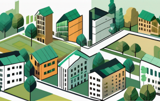 A cityscape viewed from above