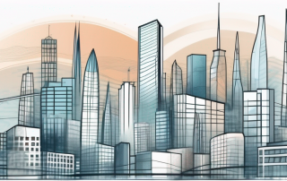 A cityscape transitioning from a blueprint design to a fully developed city