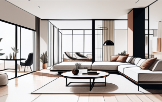 Innovative Innenraumgestaltung mit effektiver Raumnutzung und modernen Moebelanordnungen in einer Wohnumgebung, die Funktionalitaet und aesthetisches Aussehen betont.