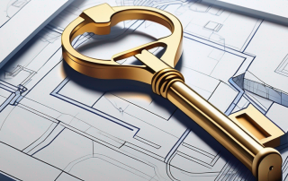 A blueprint of a building with a golden key placed on top