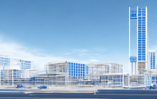 Baustelle mit Erdarbeiten, teilweise gebauten Gebaeuden und Vermessern mit Bauplaenen unter blauem Himmel.