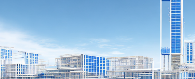 Baustelle mit Erdarbeiten, teilweise gebauten Gebaeuden und Vermessern mit Bauplaenen unter blauem Himmel.