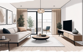 Kleiner, effizient gestalteter Wohnraum mit multifunktionellen Moebeln und cleveren Stauraumloesungen, sanfte neutrale Farben und strategische Beleuchtung zur Raumoptimierung.