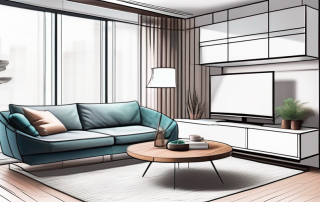 Kleines Wohnzimmer effizient gestaltet mit multifunktionalen Moebeln und Stauraumloesungen zur Maximierung von Komfort und Nutzbarkeit, innovative architektonische Elemente foerdern Raumgefuehl und Funktionalitaet.