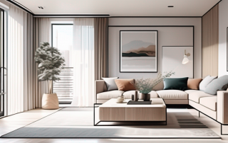 Modernes, kleines Apartment mit multifunktionalen Moebeln und cleveren Stauraumloesungen in weichen, neutralen Farben und natuerlichem Licht zur Raumoptimierung.