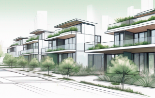 Kreativ gestaltetes urbanes Wohngebiet mit kompakten Gebaeuden, verbunden durch Gruenflaechen und moderne Architektur fuer effiziente Raumnutzung.