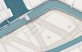 Luftaufnahme leerer Grundstuecke mit Markierungslinien fuer die Aufteilung, Bauwerkzeuge und Bauplaene am Rand sichtbar.