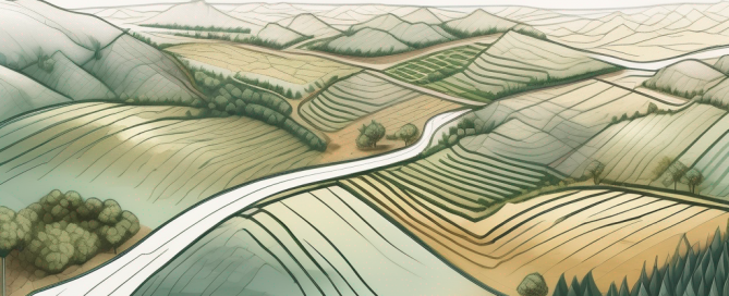 Luftaufnahme verschiedener Landschaften, einschliesslich urbaner Gebiete, Ackerland und möglicher Baulandflaechen.