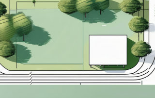 Luftaufnahme eines leerstehenden Grundstuecks mit Grenzlinien, umgeben von gruener Landschaft und Infrastruktur wie Strassen und kleinen Gebaeuden.