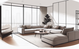 Organisiertes, geraeumiges Wohnzimmer mit minimalistischem Design, effizient genutztem Raum und ordentlich angeordneten Moebeln.