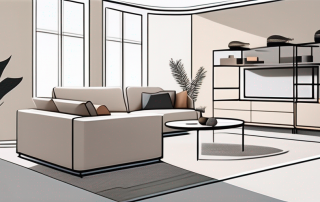 ALT-Tag: Organisiertes Wohnzimmer mit multifunktionalen Moebeln, umbaubaren Tischen und Stauraumloesungen in einem minimalistischen und effizienten Innendesign, betont durch sanfte, neutrale Farben für mehr Raumgefuehl.