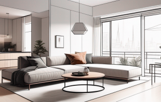 Moderne, multifunktionale Wohnflaeche mit kompakten Moebeln und intelligenten Stauraumloesungen, effiziente Raumnutzung durch innovatives Design, dezente Farben und strategische Beleuchtung fuer raeumliche Weite.