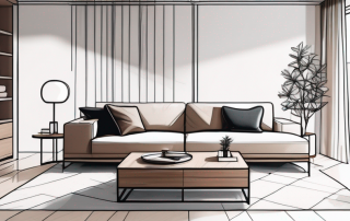 Modern eingerichteter Wohnraum mit platzsparend angeordneten Moebeln und minimalistischer Dekoration, die Funktionalitaet und Stil betont, sowie intelligenten Stauraumloesungen fuer ein aufgeraeumtes Erscheinungsbild.