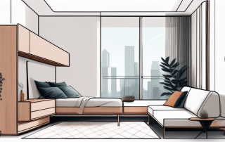 Innovatives, multifunktionales Moebeldesign zur Maximierung des Raums in einer kompakten Wohnung mit moderner, eleganter Aesthetik und cleveren Stauraumloesungen.