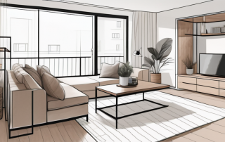 Effizient organisiertes Wohnzimmer mit multifunktionalen Moebeln und cleveren Stauraumloesungen in sanften, neutralen Farben zur Raumoptimierung in einer kleinen Wohnung.