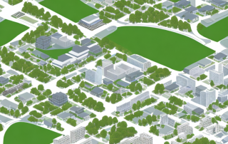 urbaner Grundriss mit geordneten Gebaeuden, Gruenflaechen und Strassen, strategische Planung und detaillierte Zonenkarte