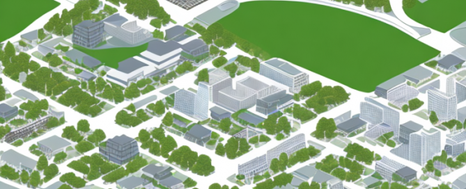 urbaner Grundriss mit geordneten Gebaeuden, Gruenflaechen und Strassen, strategische Planung und detaillierte Zonenkarte