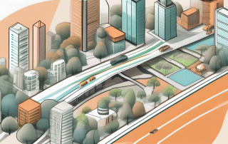 A cityscape with diverse areas representing different land uses such as parks