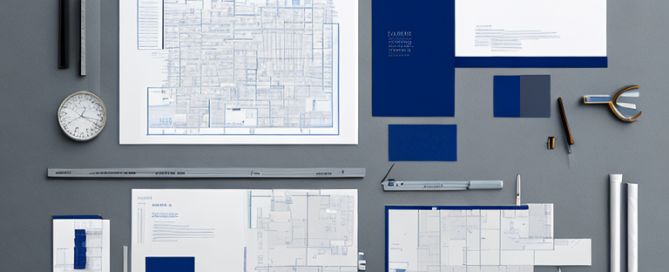 Stadtplanungsdokumente und Bauplaene mit Entwurfswerkzeugen auf Schreibtisch, Detailplanung.