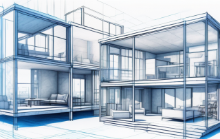 ALT-Tag: Architekten-Blueprint mit verschiedenen Raumteilungstechniken in einem kompakten Wohnbereich und dreidimensionalen Modellen zur funktionalen Raumnutzung.