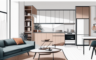 Innovative Moebelanordnung und multifunktionale Designelemente zur Maximierung des Raums in einer kleinen Wohnung, mit cleveren Stauraumloesungen und ordentlichen Oberflaechen.