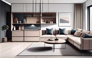 Clevere Aufbewahrungsloesungen und multifunktionale Moebel in einem kompakten, stilvollen Wohnbereich zur effektiven Nutzung des Wohnraums.