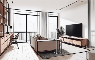 Alt-Tag: Effizient organisierte Wohnflaeche mit kompakten Moebeln und intelligenten Stauraumloesungen in einer modernen Apartment-Einrichtung, ideal fuer kleine Wohnbereiche