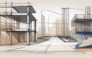 A construction site near a property border featuring blueprint plans