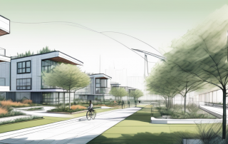 Innovatives Stadtentwicklungsgebiet mit moderner Architektur und gruenen Flaechen fuer nachhaltige Wohnkonzepte