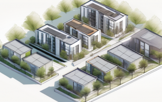 Luftaufnahme von kompakten Staedtebau mit platzsparenden Architekturen und integrierten Gruenflaechen zur Optimierung der Wohnraumnutzung, Schwerpunkt auf nachhaltige und dichte Wohnloesungen.