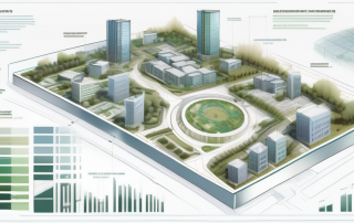 Detaillierter Stadtplanungs-Blueprint mit Wohn-, Gewerbe- und Gruenflaechen sowie Planungswerkzeugen wie Linealen und Zirkeln