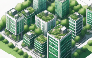 Luftaufnahme einer dicht bebauten Stadtgegend mit innovativen Wohnbauten und kleinen Gruenflaechen zwischen den Gebaeuden.